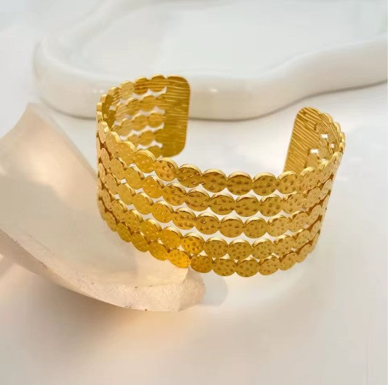 Stainless Steel Hammered Coin Disc Wide Gold Cuff Bracelet