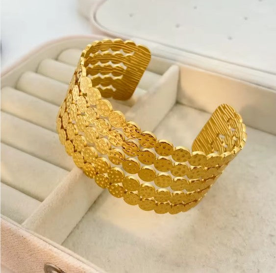 Stainless Steel Hammered Coin Disc Wide Gold Cuff Bracelet