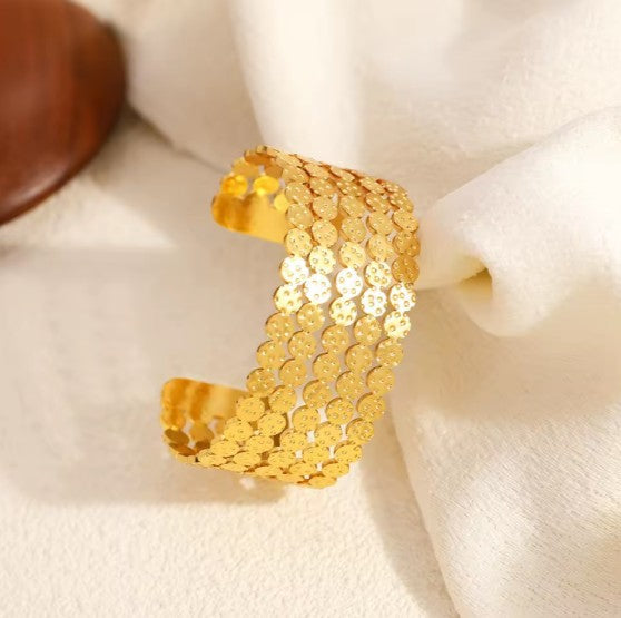 Stainless Steel Hammered Coin Disc Wide Gold Cuff Bracelet