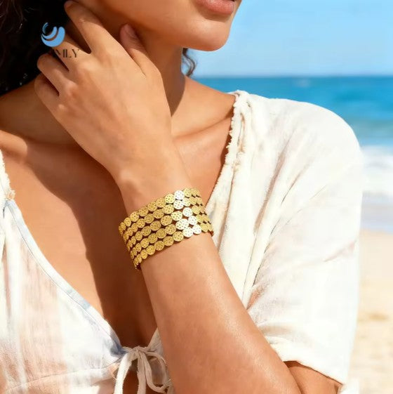 Stainless Steel Hammered Coin Disc Wide Gold Cuff Bracelet