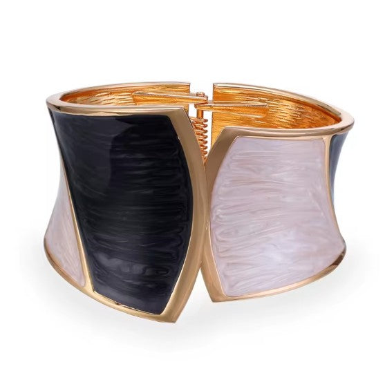 Geometric Asymmetrical Black & White Enamel Gold Cuff Bracelet