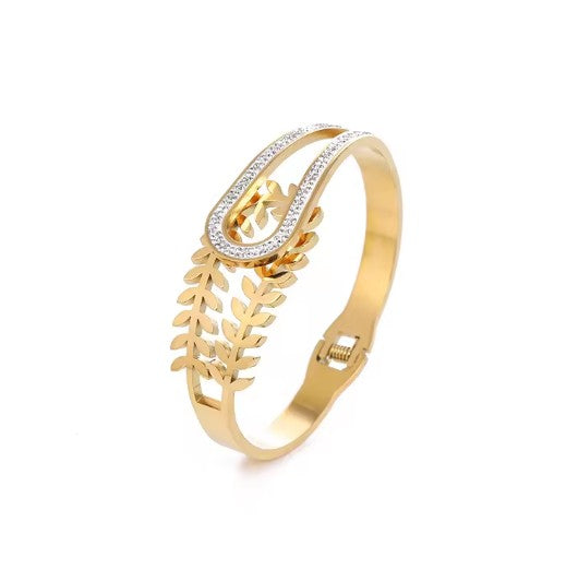 Dual Design Gold-Tone Bangle Bracelet  With A Delicate Leaf Motif and White Stones