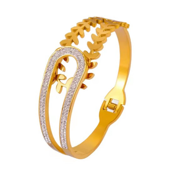 Dual Design Gold-Tone Bangle Bracelet  With A Delicate Leaf Motif and White Stones