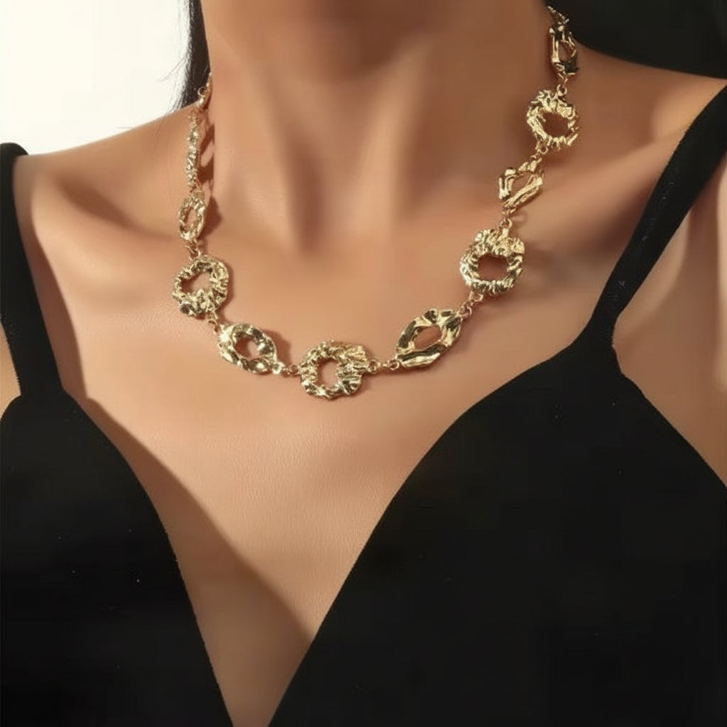 Stainless Steel Chunky Textured Interlocking Link Gold-Tone Statement Necklace