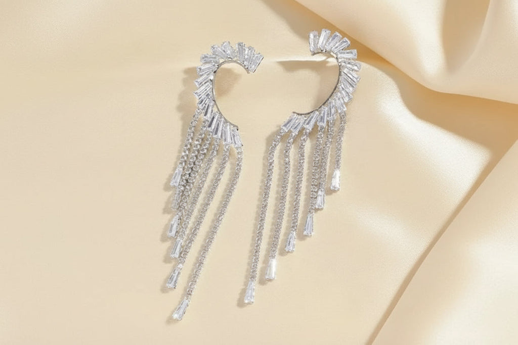 Silver-toned Rhinestone Tassel Drop Earrings.