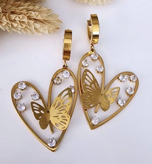 Stainless Steel Gold-Toned Heart And Butterfly Hoop Earrings.