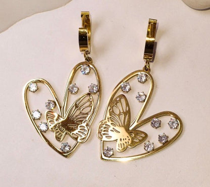 Stainless Steel Gold-Toned Heart And Butterfly Hoop Earrings.