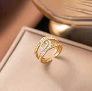 Interconnected white stone studded Adjustable Finger Ring