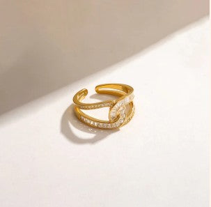 Interconnected white stone studded Adjustable Finger Ring