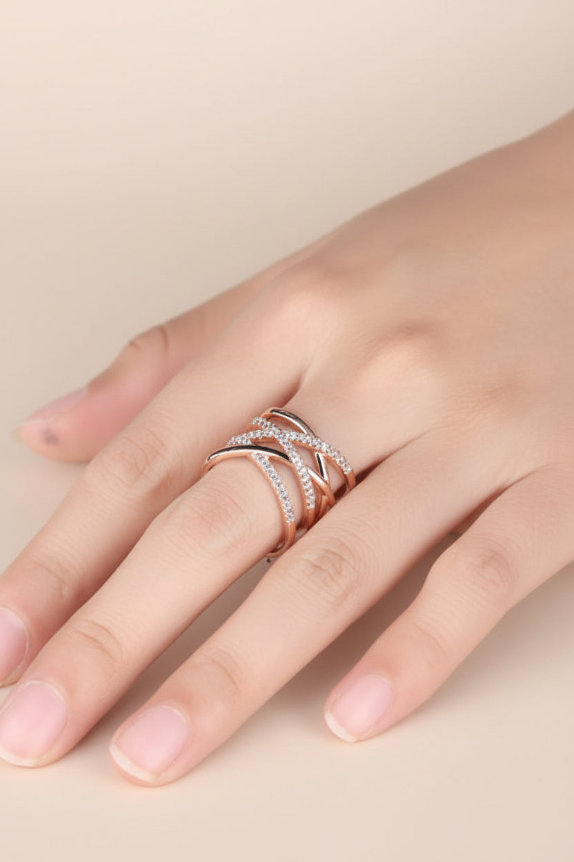 Rose Gold Plated American Diamond Studded Contemporary Adjustable Finger Ring