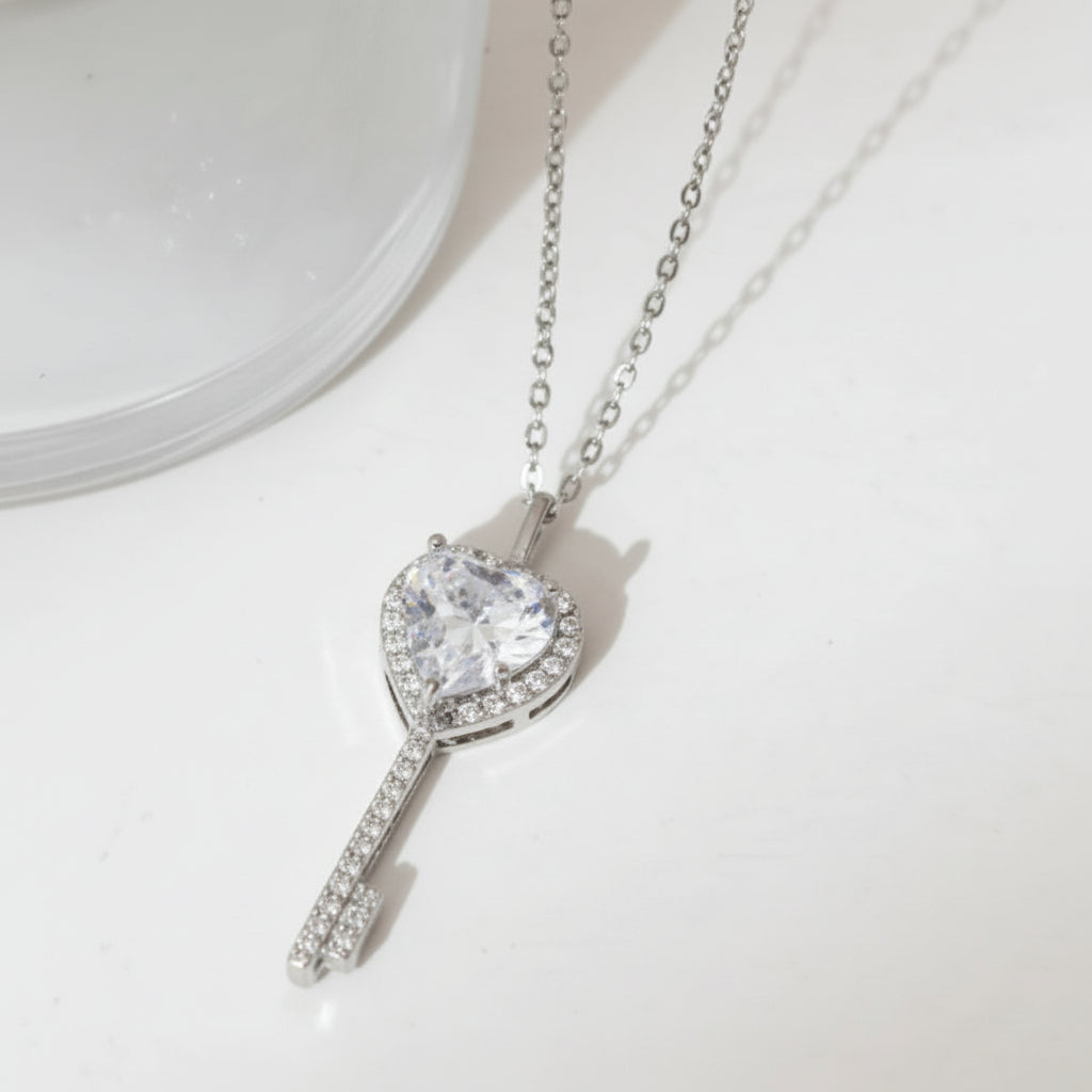 Silver Plated Anti Tarnish American Diamond Studded Heart Key Pendant