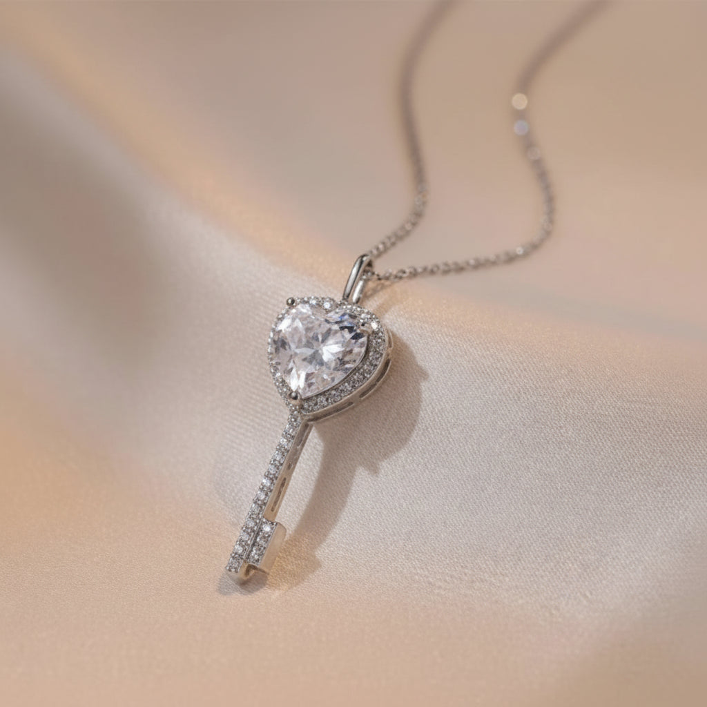 Silver Plated Anti Tarnish American Diamond Studded Heart Key Pendant