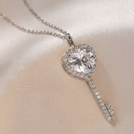 Silver Plated Anti Tarnish American Diamond Studded Heart Key Pendant