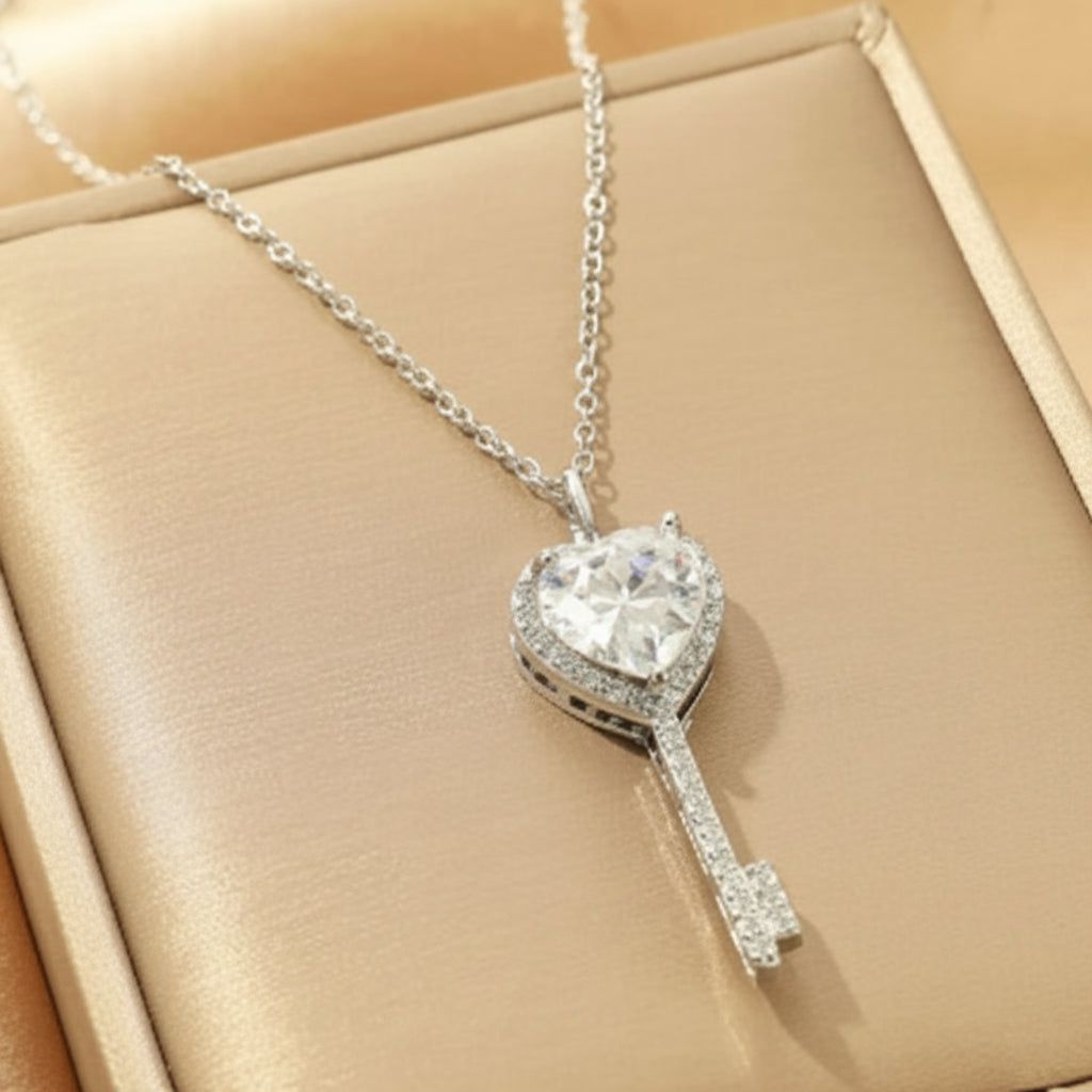 Silver Plated Anti Tarnish American Diamond Studded Heart Key Pendant