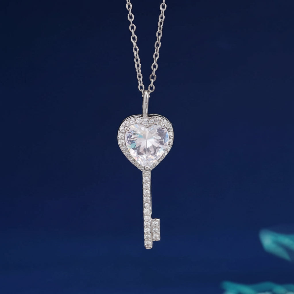 Silver Plated Anti Tarnish American Diamond Studded Heart Key Pendant