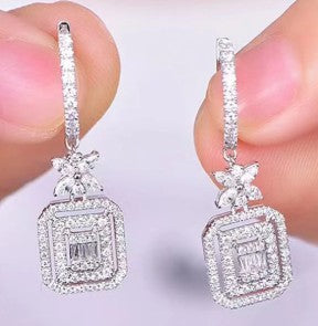Silver Plated American Diamond Studded Iconic Luxury Geometric Drop Earrings