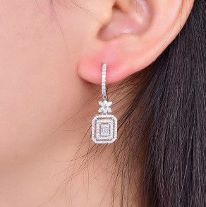 Silver Plated American Diamond Studded Iconic Luxury Geometric Drop Earrings