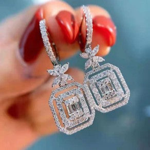 Silver Plated American Diamond Studded Iconic Luxury Geometric Drop Earrings