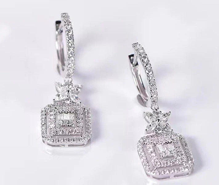 Silver Plated American Diamond Studded Iconic Luxury Geometric Drop Earrings