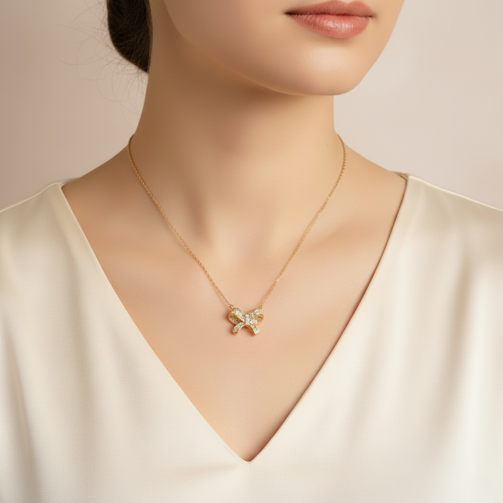 Gold Plated Stainless Steel Bow Pendant with CZ stones Necklace