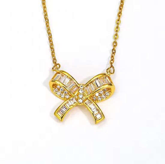 Gold Plated Stainless Steel Bow Pendant with CZ stones Necklace