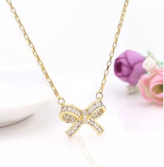 Gold Plated Stainless Steel Bow Pendant with CZ stones Necklace