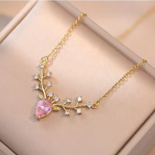 Pink Deer Antler Necklace with CZ stones