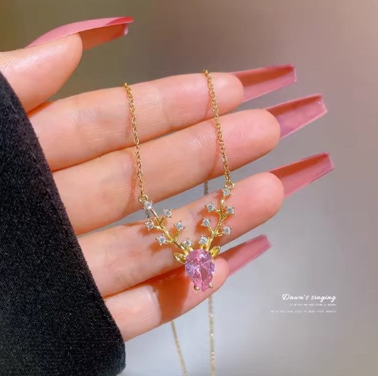 Pink Deer Antler Necklace with CZ stones