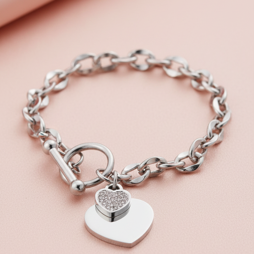 The Heartbeat Link: Silver Plated Heart Charm Bracelet