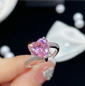 Diamond Crushed Ice Cut Heart Pink  Adjustable Finger Ring
