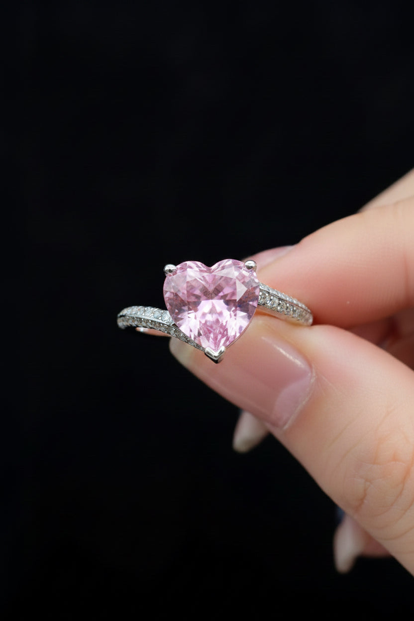 Diamond Crushed Ice Cut Heart Pink  Adjustable Finger Ring