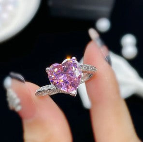 Diamond Crushed Ice Cut Heart Pink  Adjustable Finger Ring