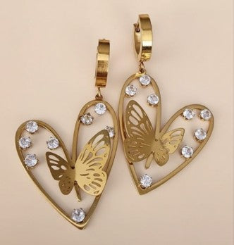 Stainless Steel Gold Tone Hear & Butterfly Hoop Earrings