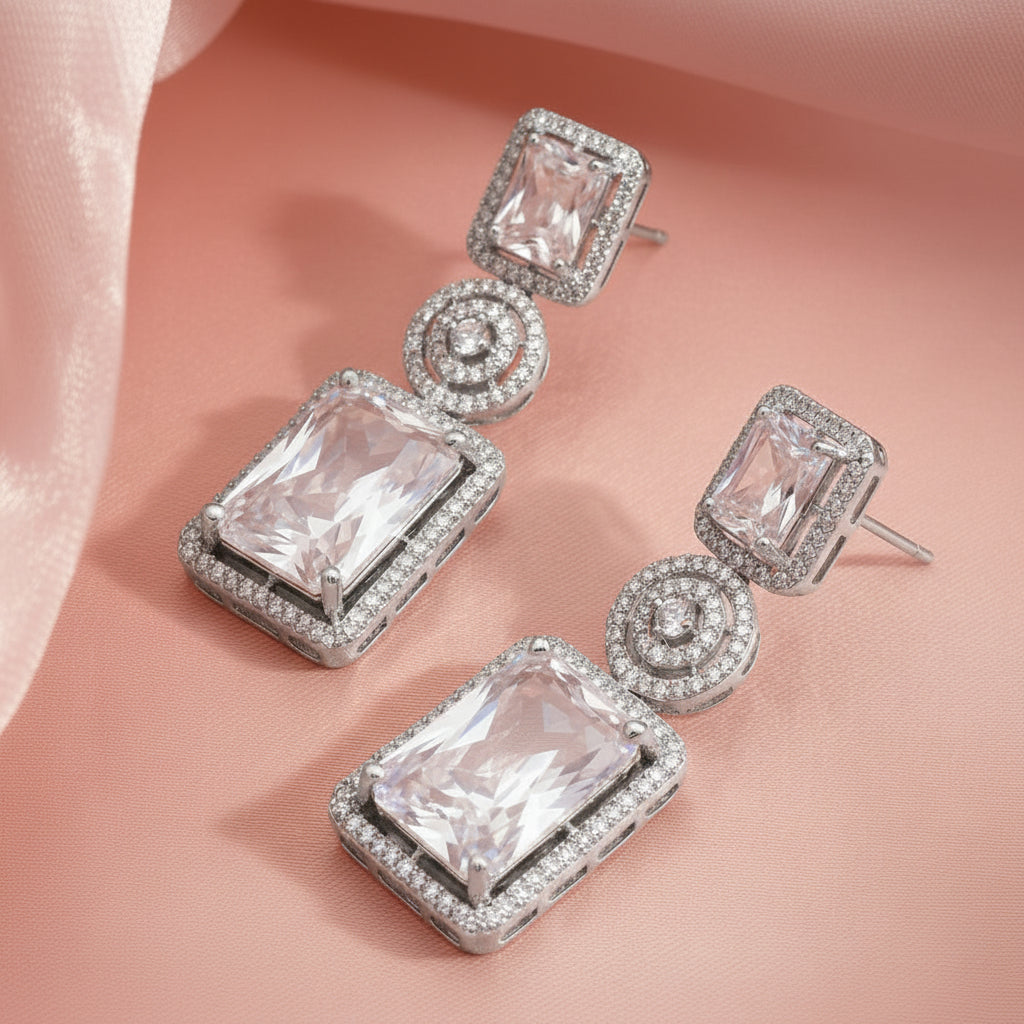 Silver-Tone Emerald-Cut American Diamond Geometric Drop Earrings