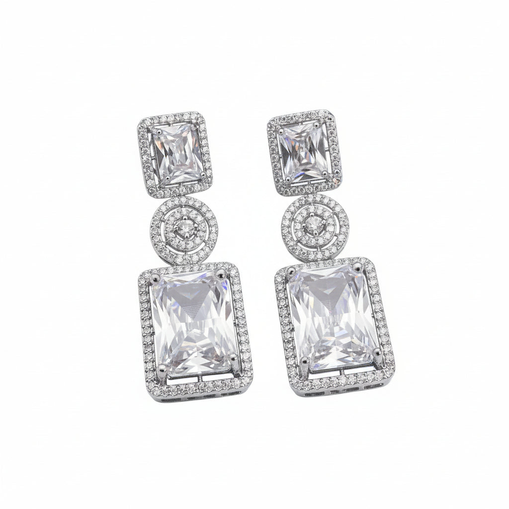 Silver-Tone Emerald-Cut American Diamond Geometric Drop Earrings