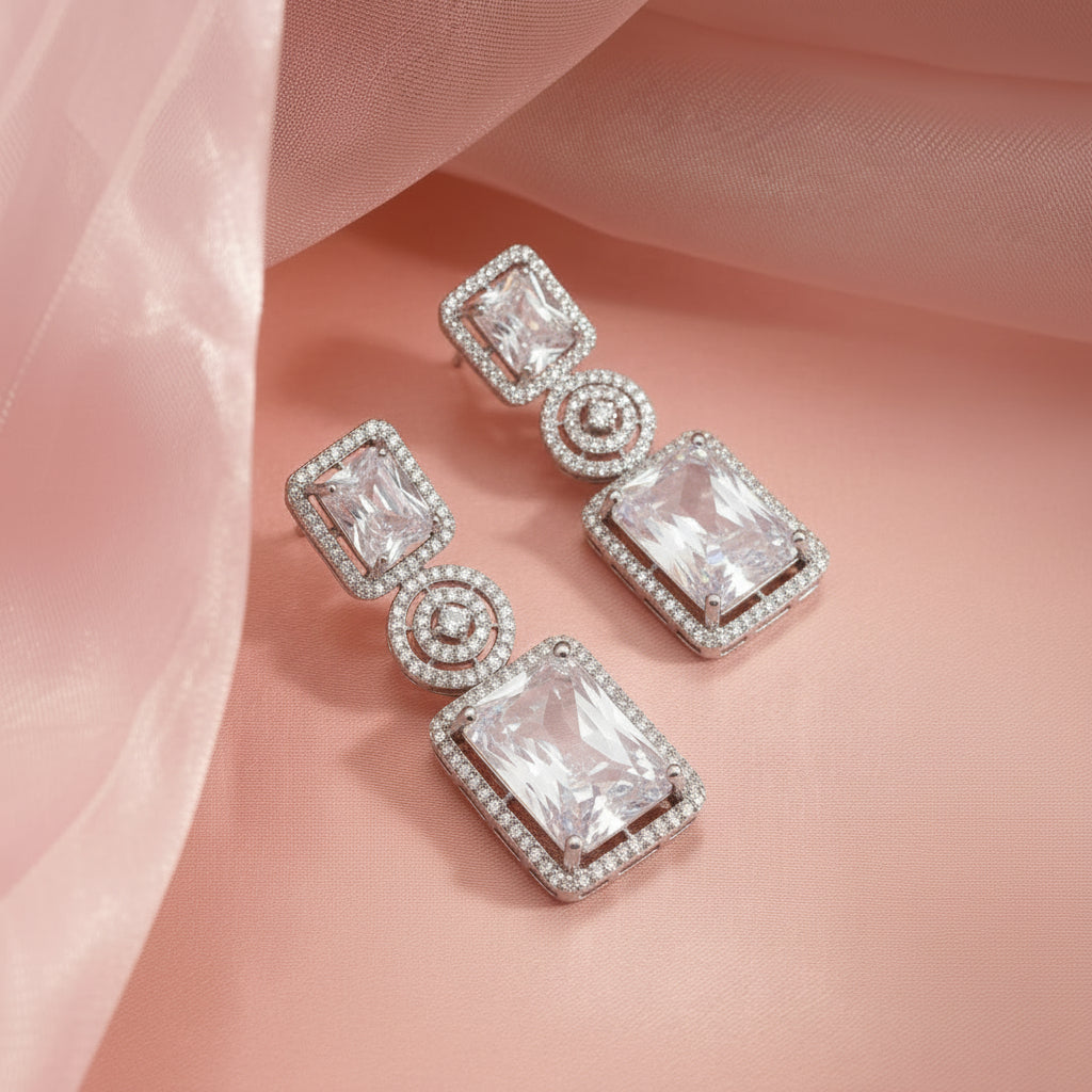 Silver-Tone Emerald-Cut American Diamond Geometric Drop Earrings