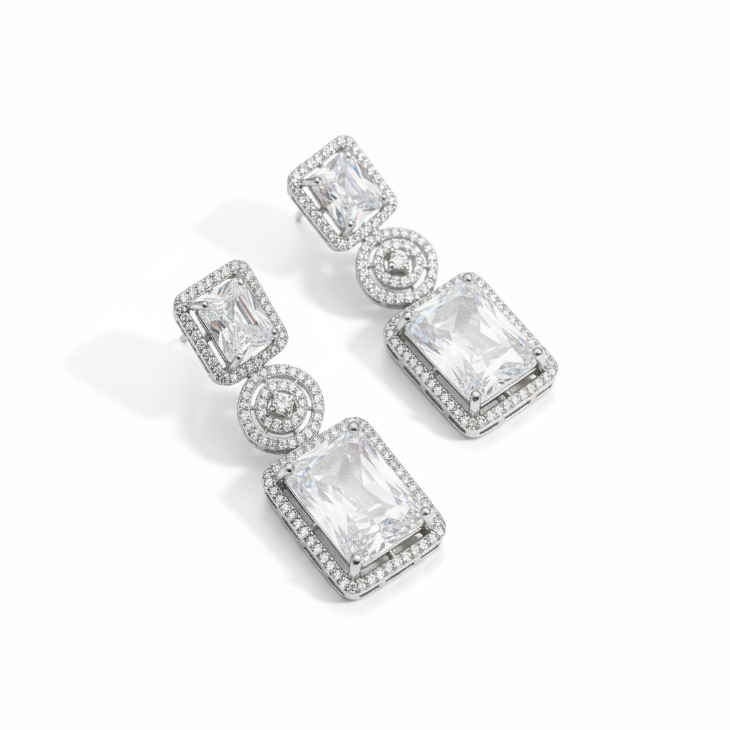Silver-Tone Emerald-Cut American Diamond Geometric Drop Earrings