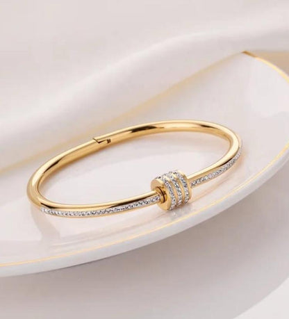 Gold Plated  Stainless Steel American Diamond Studded Bangle Style Bracelet