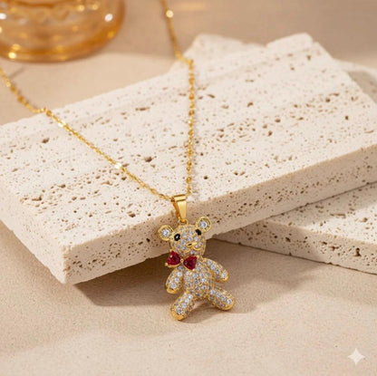 Stainless Steel Gold-Plated CZ Studded Teddy Bear Necklace.