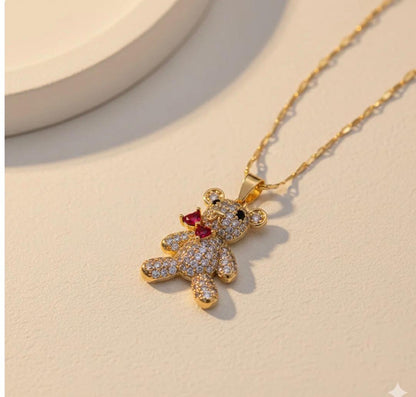 Stainless Steel Gold-Plated CZ Studded Teddy Bear Necklace.