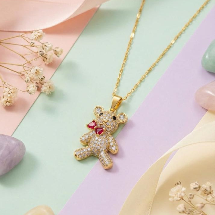Stainless Steel Gold-Plated CZ Studded Teddy Bear Necklace.