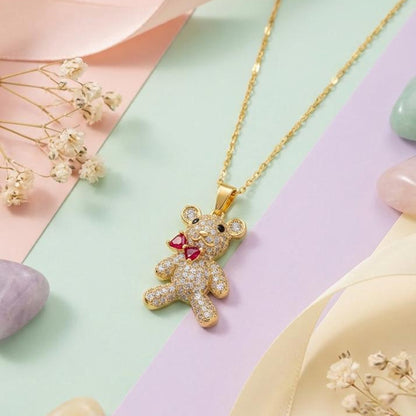Stainless Steel Gold-Plated CZ Studded Teddy Bear Necklace.