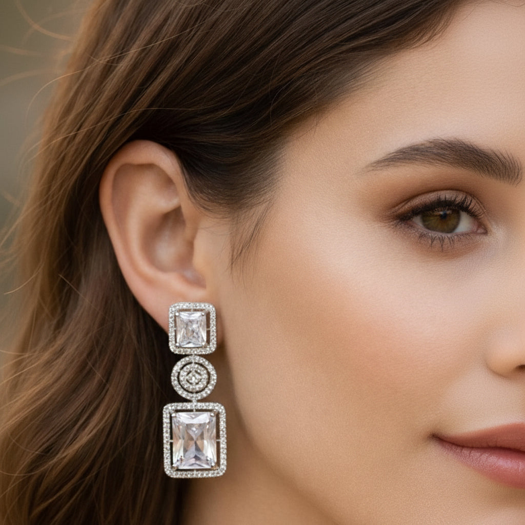 Silver-Tone Emerald-Cut American Diamond Geometric Drop Earrings