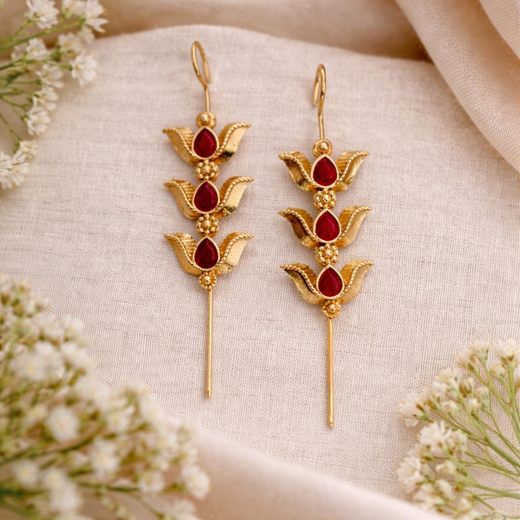 Royal Red Triple-Tiered Lotus Needle Earcuffs