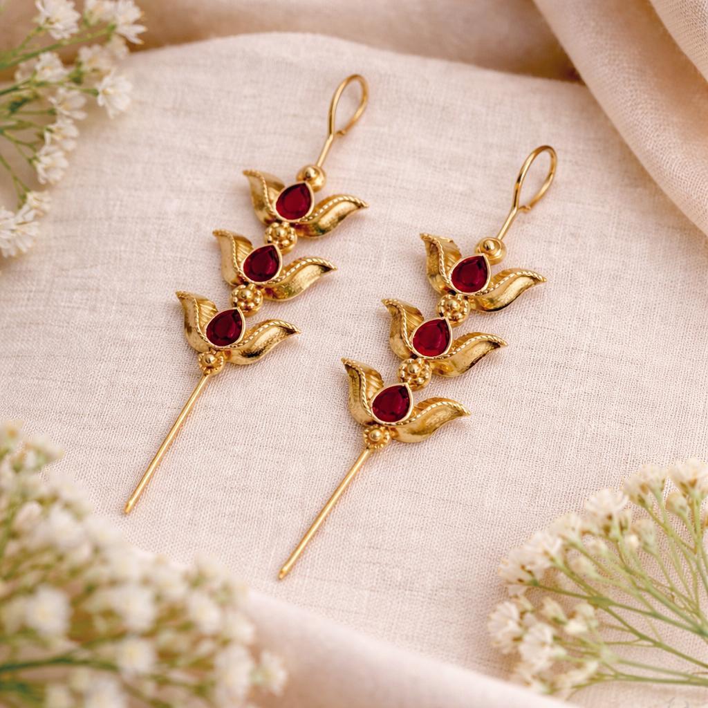 Royal Red Triple-Tiered Lotus Needle Earcuffs