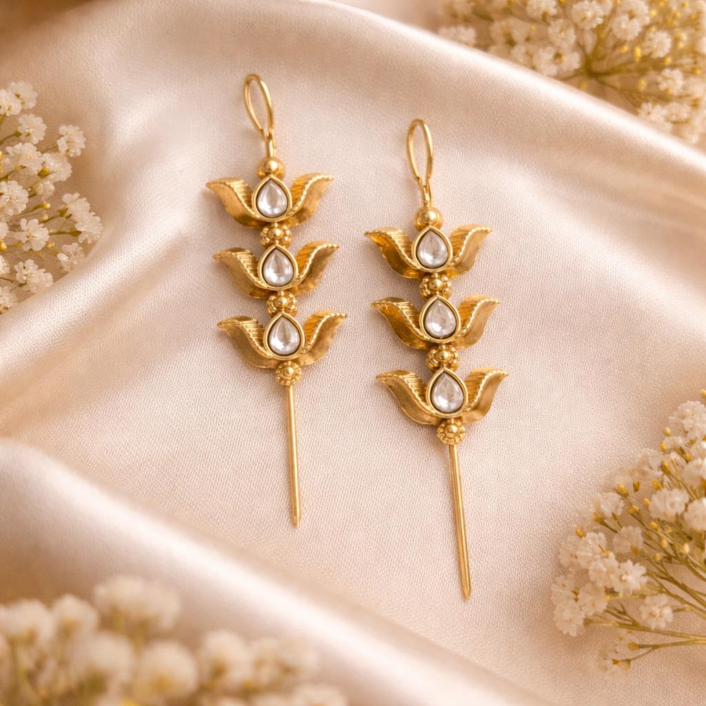 Elegant White Triple-Tiered Lotus Needle Earcuffs