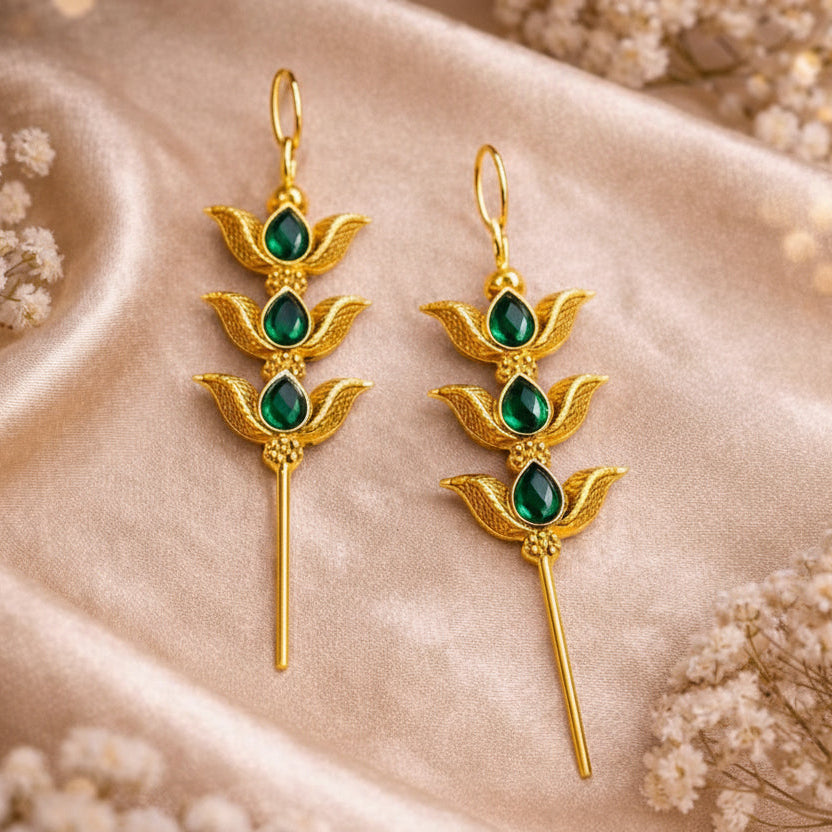 Majestic Green Triple-Tiered Lotus Needle Earcuffs