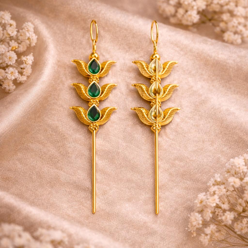 Majestic Green Triple-Tiered Lotus Needle Earcuffs