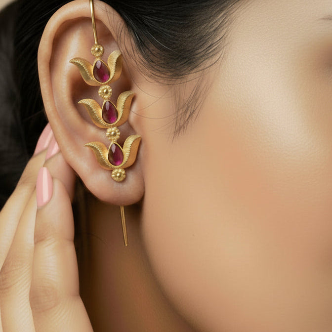 Royal Red Triple-Tiered Lotus Needle Earcuffs