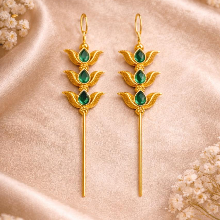 Majestic Green Triple-Tiered Lotus Needle Earcuffs